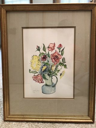 1976 Watercolor Of Colorful Flowers In A Vase By Listed Artist Dorothy Strauser