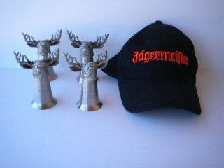 4 Jagermeister Pewter Stainless Shot Glasses Deer Elk Stag With Hat