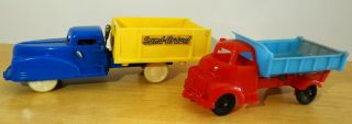 2 Vintage Plastic Toy Dump Trucks W Tilt Beds C.  1948 Renwal & Banner Usa
