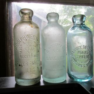 River Forest Lakeview,  Ill & Calumet Mi 3 Diff Hutch Soda Mineral Water Bottles