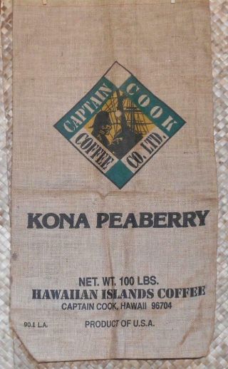 Large Kona Coffee " Captain Cook Co.  " Peaberry Burlap Bag Sack 21.  5 " X39 " 100 Lbs