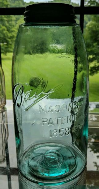 Look Unusual Variant Half Gallon Size Ball Masons Patent 1858 Zinc Lid Ball Blue