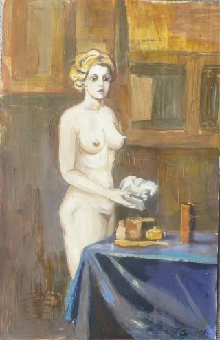 Painting Art Nude Sketch Girl In Room 17x 27cm Signed 1929 Oil Tempera