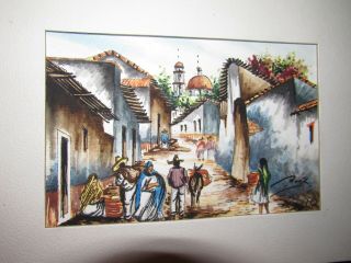 Vintage Small Originai Realism Water Color Painting By Ruiz Mexico Street Scene