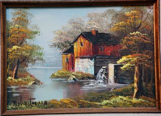 Robert More Signed Landscape Oil Painting Of Mill And Forest 5x7
