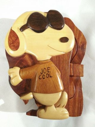 Snoopy Joe Cool Solid Wooden Box Puzzle Box Case Very Little Cracks Varnished