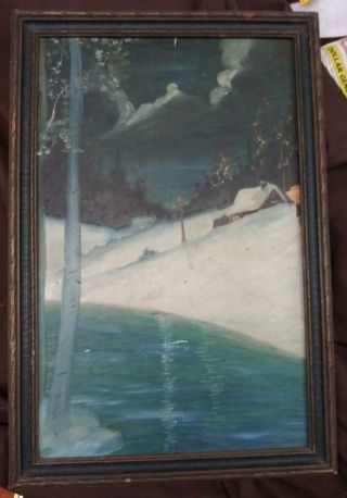 Antique Oil Painting American Art Landscape Winter House On Academy Board Framed