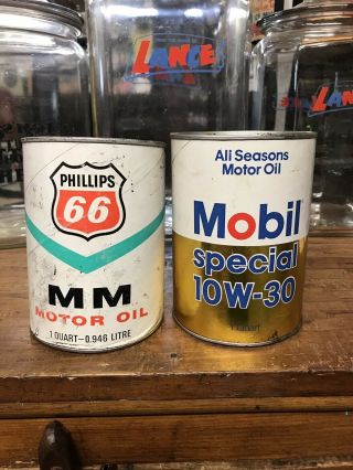 2 Vintage Oil Cans Mobil & Phillips 66 Sign Standard Esso Sinclair Shell Texaco
