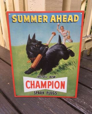 Vintage Pressed Tin Summer Ahead Champion Spark Plugs Gas Station Gasoline Sign