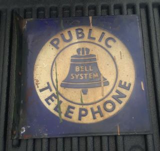 Vintage Porcelain Bell System Public Telephone Sign Double Sided Flange 11x11 "