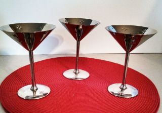 3 Vintage Chrome Martini Or Champagne Glasses Mid - Century Stamped Bar Glasses