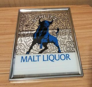 Vintage Schlitz Malt Liquor Beer Mirror Bar Sign With Bull