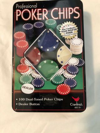 Cardinal Professional 100 Poker Chips In Metal Tin With Dealer Button