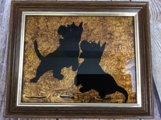 Vintage Framed Scotty Dogs Silhouette Painted Glass Picture Gold Background 1938