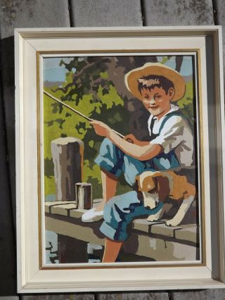 Vintage Little Boy Fishing With Beagle Dog Paint By Number Framed