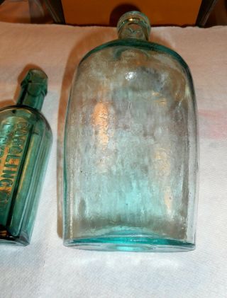 Attic Find Qt.  Brilliant 1860 ' s Seam Side Whiskey Flask in Aquamarine.  Drip Top 2