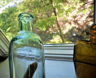 Attic Find Qt.  Brilliant 1860 ' s Seam Side Whiskey Flask in Aquamarine.  Drip Top 8