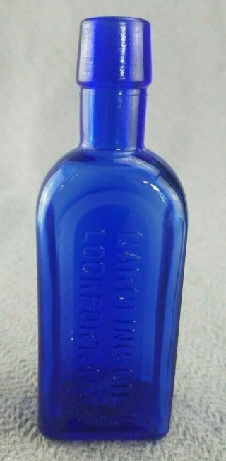 Antique Vintage Cobalt Blue Gargling Oil Bottle Lockport Ny