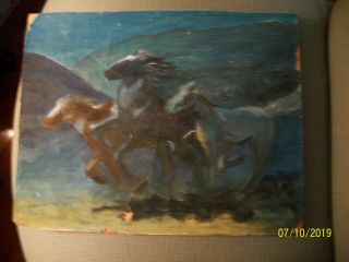 Antique Painting - Horses Running - Signed M.  Russell - On Back Of A Movie Poster.