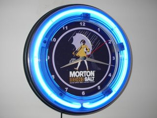 Morton Salt Girl Store Kitchen Diner Advertising Blue Neon Wall Clock Sign