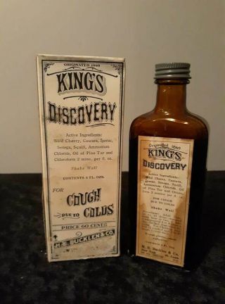Old Stock Kings Discovery Cough Syrup Amber Bottle H.  E.  Bucklen & Co.