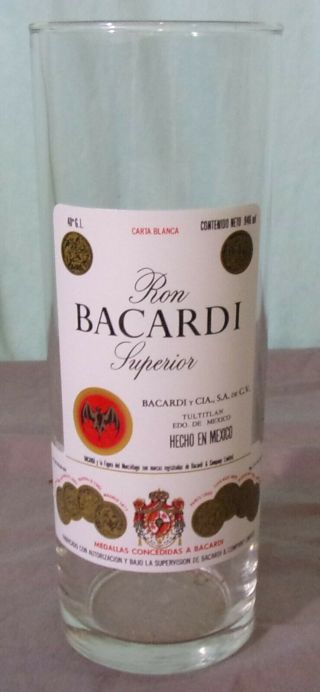 Ron Bacardi Rum Label Glass Barware 6.  5 " Tall Drinking Distillery