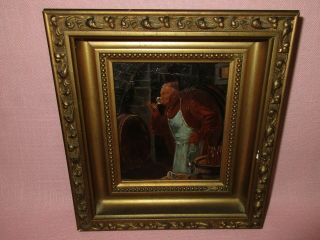 Antique 19thc Small Oil Painting Continental Old Masters Man Monk Drinking Wine