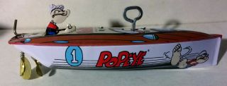 Vintage Popeye The Sailor Man Tin Wind Up Speedboat W/ Box