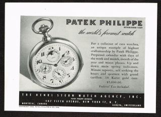 1940s Vintage 1945 Patek Philippe Perpetual Calendar Pocket Watch Paper Print Ad