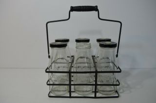 Vintage 6 Small Milk Bottles With Metal Carrier
