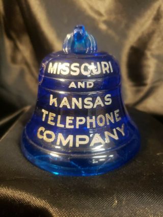Vintage Missouri And Kansas Telephone Company Blue Glass Bell Paperweight