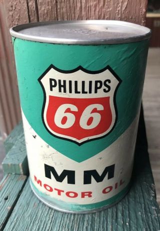 Vintage Quart Full Phillips 66 Mm Teal Green Motor Oil Can Usa