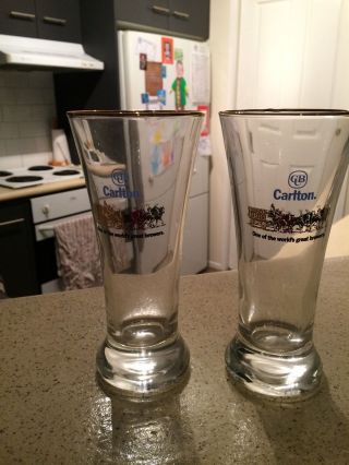 2 Collectable Glass Carlton Beer Glasses With Gold Gilding Rim