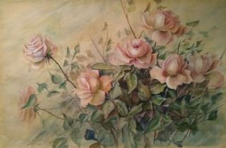 Fine Art Artist Signed Antique Watercolor Painting Roses Floral Art