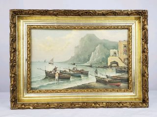 19th C Oil Painting On Board Nautical Harbor Boat Scene In Gilt Wood Frame