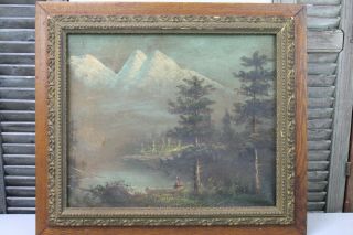Antique Oil Painting American West Indian In Canoe White Cap Mountains Framed