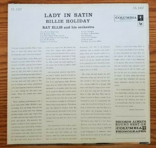 Vtg 33 Billie Holiday w/ Ray Ellis & His Orchestra ‎Lady In Satin Columbia ' 58 2