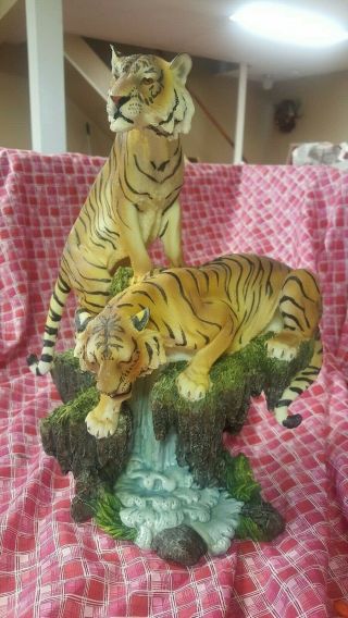 Large 14 " H Tigers On A Waterfall Statue Wild Animal Figurine Resin