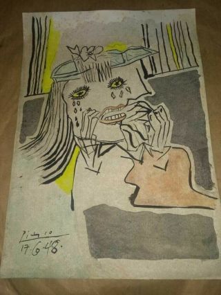 Pablo Picasso - Signed Watercolor,  Vintage Art,  12x9 Inches (size),  Rare & Old