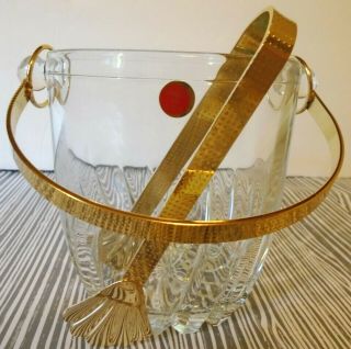 Vintage Italy Heavy Lead Swirl Cut Crystal Ice Bucket Wine Cooler,  Brass Tongs