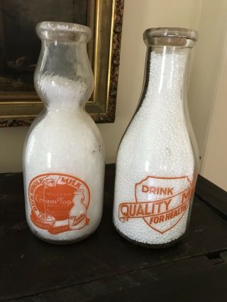 2 - Vintage Milk Bottles Fiske Dairy Quart