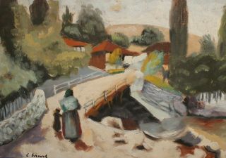 French Art,  Antique Post Impressionist Landscape Oil Painting Signed E.  Bernard