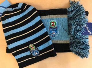 South Wales Blues Nsw State Of Origin Set Of 2 Two Scarf Long Beanie Hat Soo