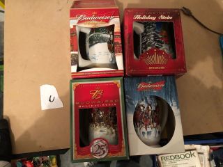 (4) Budweiser Holiday Stein Steins 2005,  2006,  2007 And Anniversary Beer Clydesd