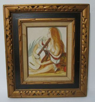 Vintage Oil Painting Of Woman With Guitar Signed Ponielle