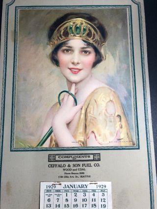 1929 Sexy Flapper Girl Pin Up Calendar Sign Ceffalo Fuel Seattle Washington