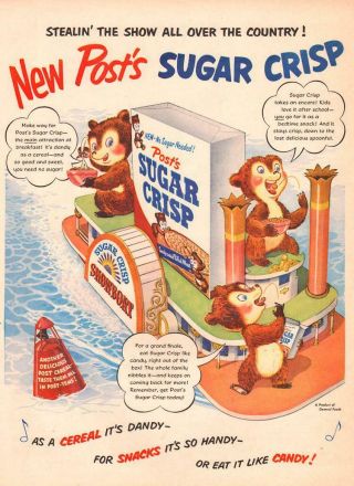 1951 Post Print Ad Sugar Crisp Cereal Comic Bear Onboard Paddleboat Showboat Fun