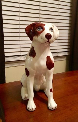 Vintage Large Hunting Pointer Dog Statue Sculpture Hand Painted Brown & White