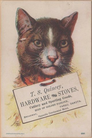 Victorian Trade Card - T S Quincey Hardware - Fargo - Dakota Territory - Cat
