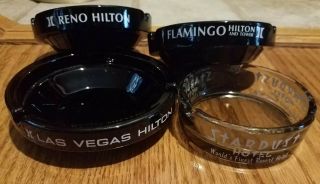 4 Vintage Glass Casino Hotel Ashtrays Black Las Vegas Flamingo Reno Hilton Star